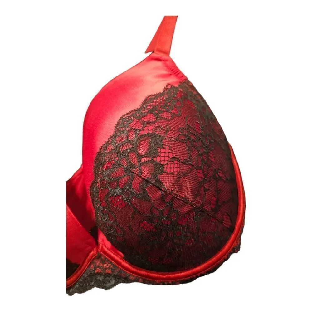 CACIQUE Red Satin Black Lace Plunge‎ Underwire Bra - Size 40F